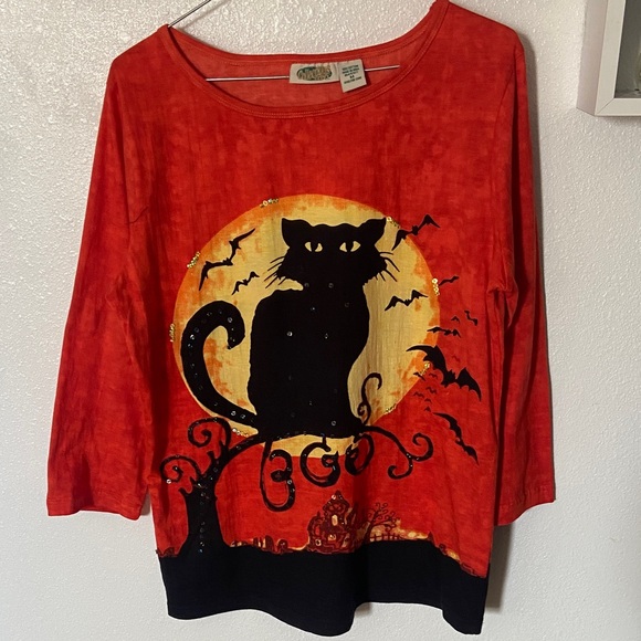 🐈‍⬛Med. Black Cat Sequined Novelty T. 100% cotton❤️ Pit-to-Pit=20.25 inches - Picture 4 of 7